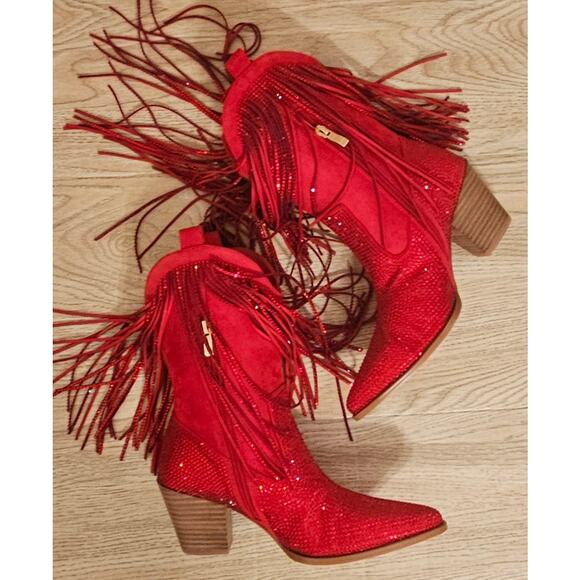 Rhinestone Western Cowboy Boots Fringe Pointed Toe Glitter Tassels Womens 7.5 - Picture 6 of 9